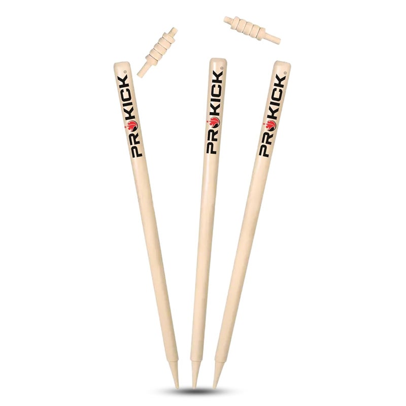 Prokick أوتاد كريكيت خشبية مطابقة مع حوامل (عبوة من 3 أوتاد + 2 حوامل) | أوتاد كريكيت قياسية لملعب الكريكيت، التدريب، المباراة، بطولة الأوتاد مع حوامل بالحجم الكامل - Image 2