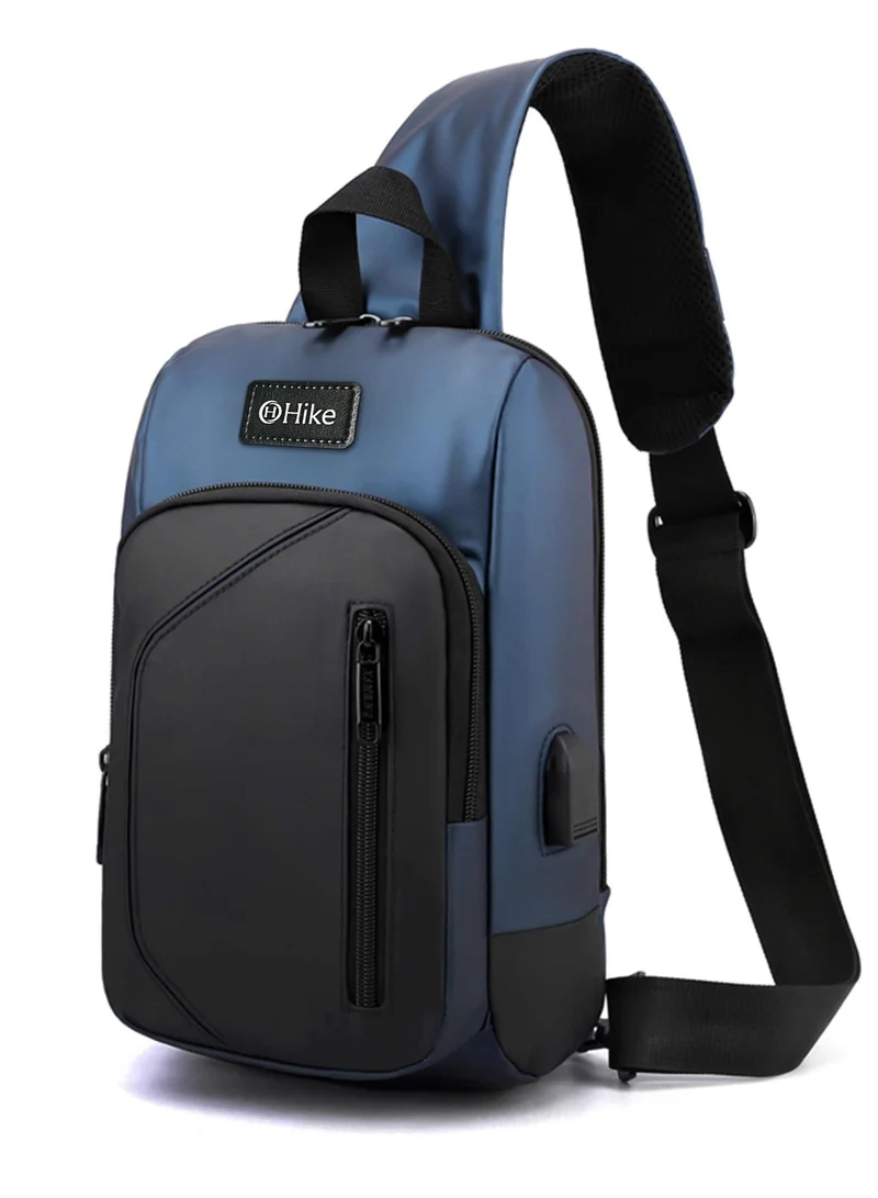 هايك Hike Crossbody Sling Bag Synthetic Water Resistant Unisex Small Shoulder Bag with Built in USB Port for Business Travel Outdoor Shopping, HK2032-BLUE