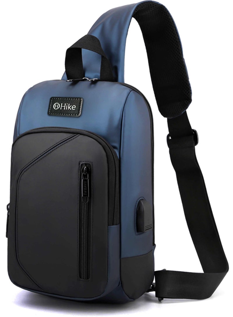 HIKE Crossbody Sling Bag Synthetic Water Resistant Unisex Small Shoulder Bag with Built in USB Port for Business Travel Outdoor Shopping, HK2032, BLue - Image 1