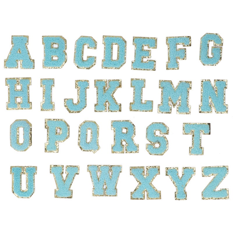 Iron On Letters: 26 Cotton Blue Letters With Gold Glitter Border - Easy To Sew Or Iron On Letter Patches For Diy Clothing Decor, Kids Learning, Special Events - Image 1
