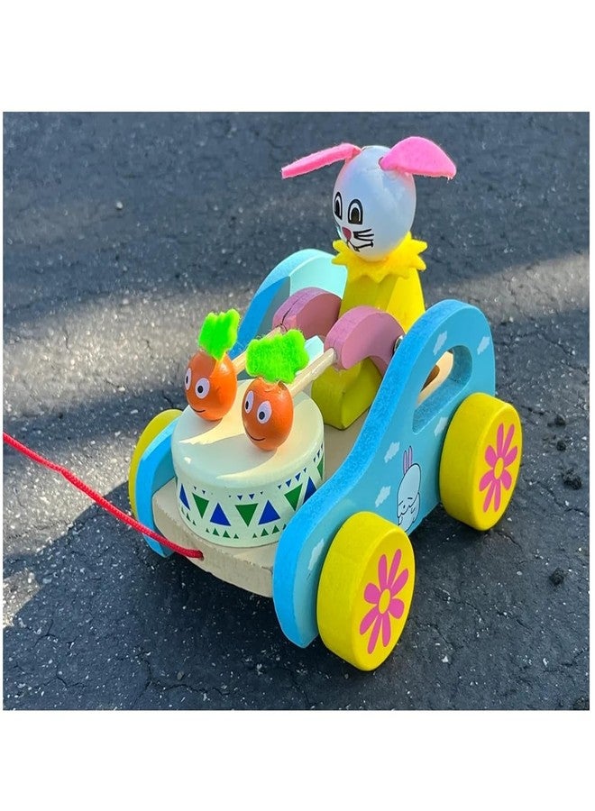 Urbane Chic Wooden Pull Along Car Toy with Drums,Trolley Animal Shape, Baby Toddler Drag Rope Toy- Random Design - Image 1