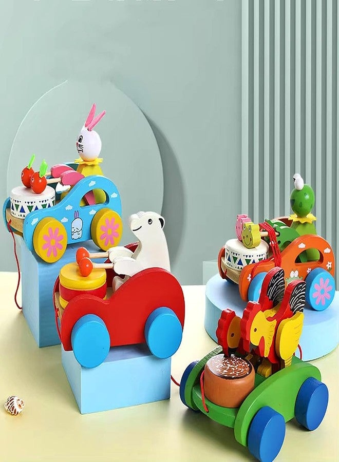 Urbane Chic Wooden Pull Along Car Toy with Drums,Trolley Animal Shape, Baby Toddler Drag Rope Toy- Random Design - Image 4