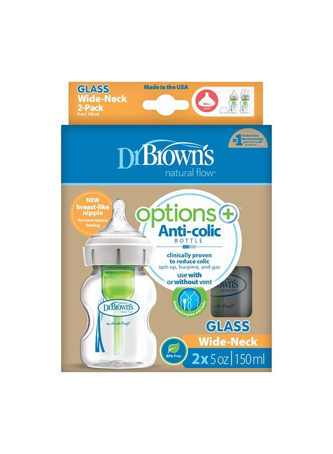 Dr. Brown’s Pack of 2 Options+ Wide-Neck Anti-Colic Glass Baby Bottle, 0M+, 2x150ml - Image 2
