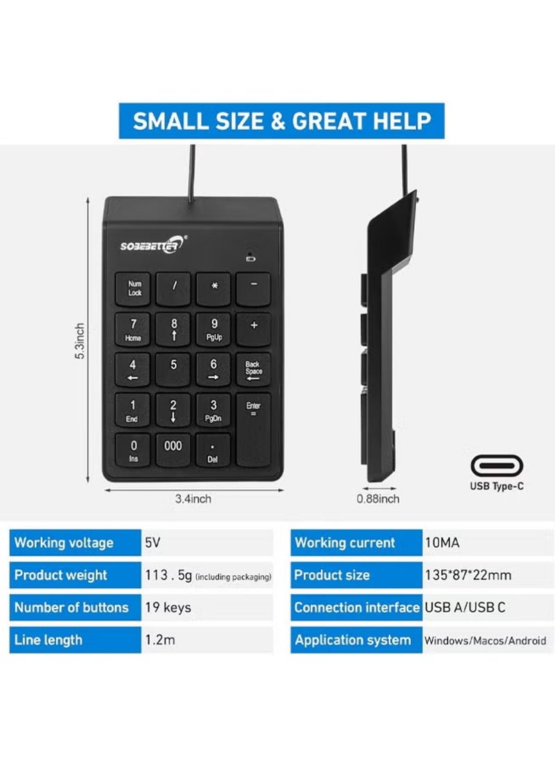 سوبي بيتر لوحة أرقام سلكية، لوحة مفاتيح رقمية USB مكونة من 19 مفتاحًا، لوحة مفاتيح رقمية لأجهزة الكمبيوتر المحمولة والكمبيوتر المحمول، أحرف كبيرة مطبوعة لأجهزة الكمبيوتر المحمولة والكمبيوتر المكتبي والكمبيوتر المحمول - أسود - Image 2