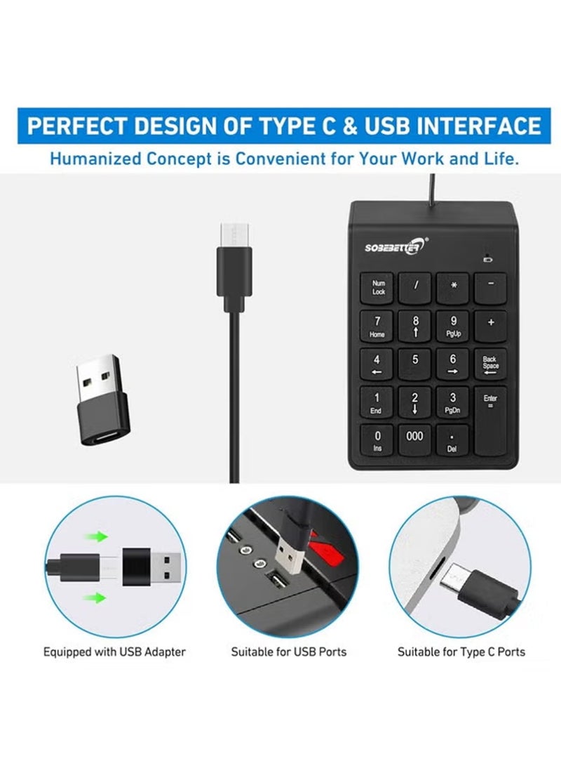 سوبي بيتر لوحة أرقام سلكية، لوحة مفاتيح رقمية USB مكونة من 19 مفتاحًا، لوحة مفاتيح رقمية لأجهزة الكمبيوتر المحمولة والكمبيوتر المحمول، أحرف كبيرة مطبوعة لأجهزة الكمبيوتر المحمولة والكمبيوتر المكتبي والكمبيوتر المحمول - أسود - Image 3