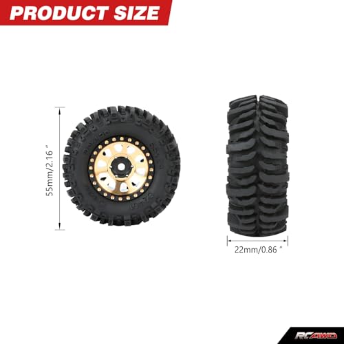 RCAWD 1.0" Brass Weights Wheels Tires Set, Beadlock 7mm Hex RC Crawler Wheels for 1/24 1/18 TRX4M SCX24 FCX24 FCX18 AX24 HobbyPlus CR18P FMS Upgrades Parts 63g*4pcs,55 * 20mm - Image 4