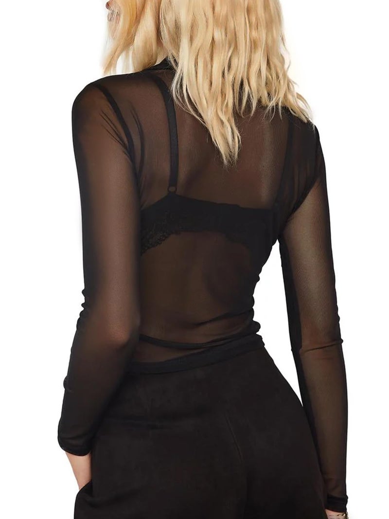 ZANZEA Women's Sexy Mesh Shirt Sheer Button Up Blouse See Through Long Sleeve Crop Top Black Large - Image 4