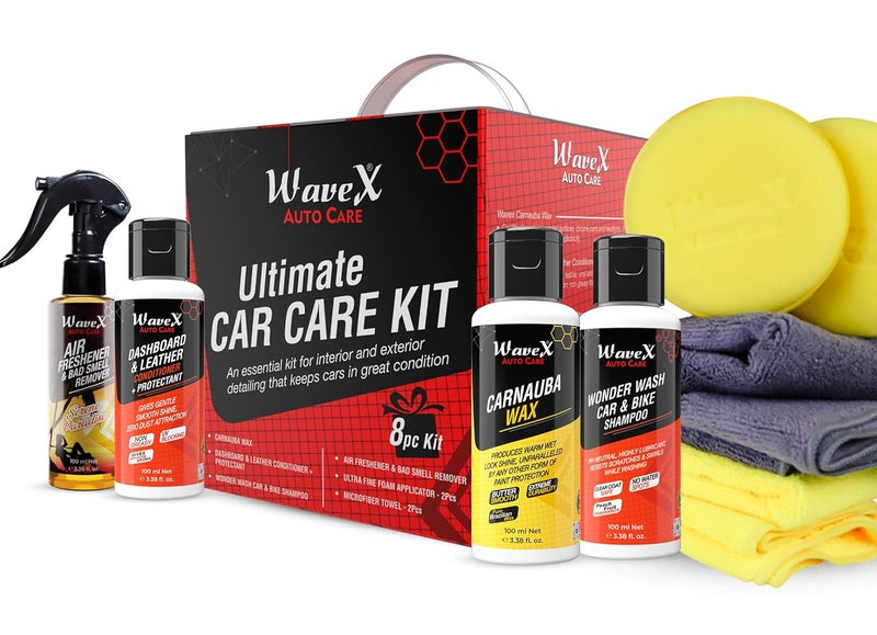 Wavex Car Cleaning Kit – Contains Car Polish, Dashboard Polish, Shampoo, Perfume, 2 Microfiber Towel and 2 Applicators - Image 1