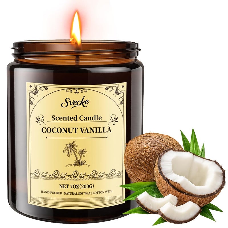 SVECKE Coconut Vanilla Scented Candles, 7oz Soy Wax Candle, Long Lasting Aromatherapy Jar Candle for Home, Scented Long Burning Candle Gift for Women and Men - Image 1