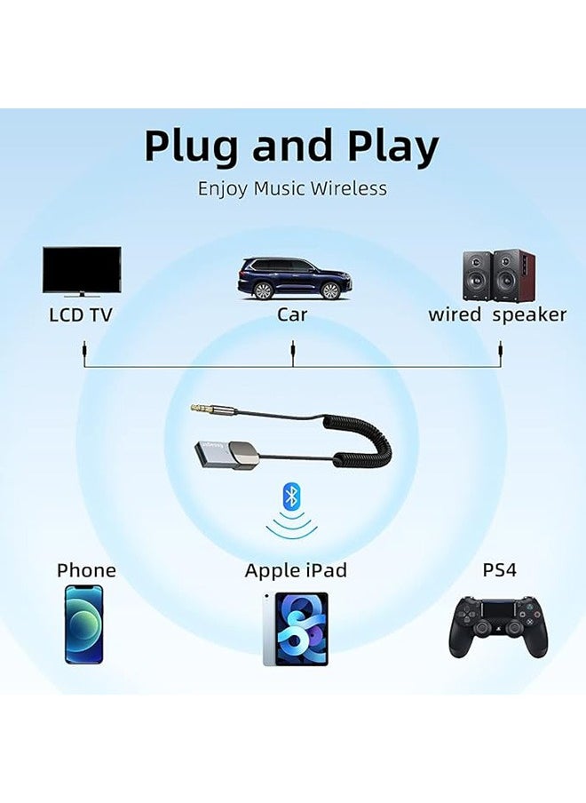 ESSAGER - Aux Bluetooth Adapter for Car, Mini Wireless Noise Cancelling Bluetooth 5.0 Receiver, USB to 3.5mm Jack Lossless Music Audio Adapter with Built-in Microphone Hands-Free Calling for Car Kits Speaker and Home Audio Music - Image 1