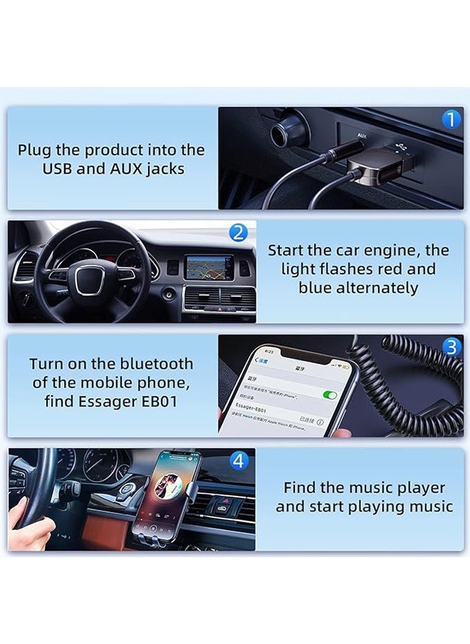 ESSAGER - Aux Bluetooth Adapter for Car, Mini Wireless Noise Cancelling Bluetooth 5.0 Receiver, USB to 3.5mm Jack Lossless Music Audio Adapter with Built-in Microphone Hands-Free Calling for Car Kits Speaker and Home Audio Music - Image 1