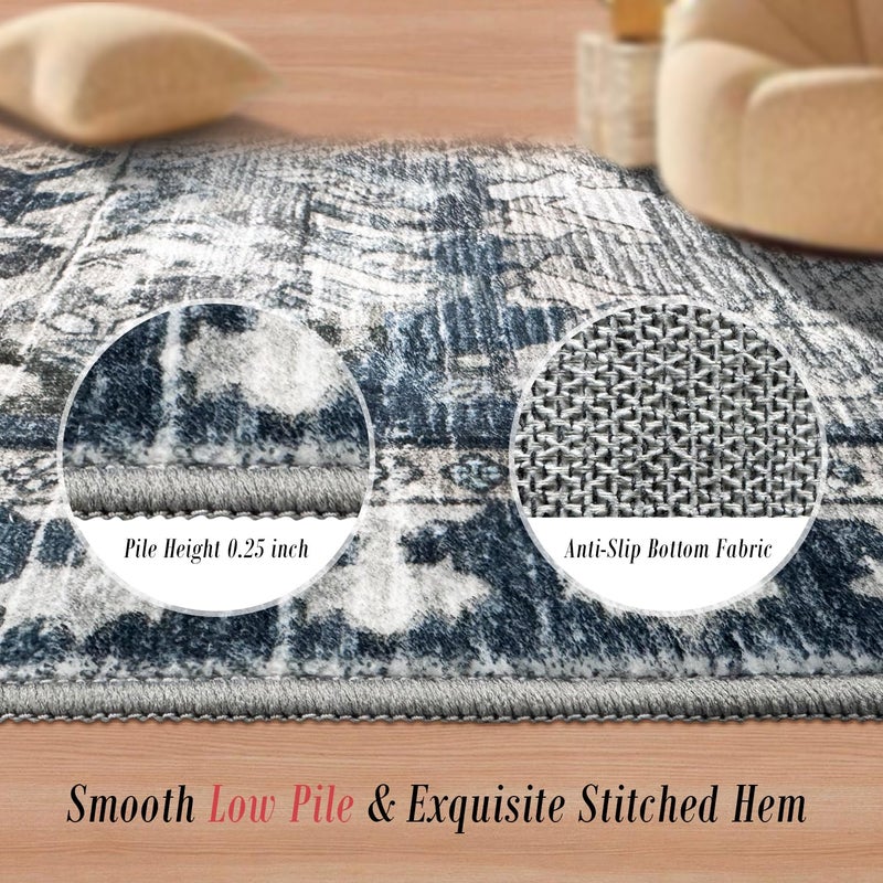 RUGSURE Washable Area Rugs - Perfect for Living Room, Bedroom, Kids Room, Nursery - Stain & Water Resistant Non-Slip, Pet & Child Friendly, Vintage Tribal Area Rugs (Grey and Blue, 5' x 7') - Image 3