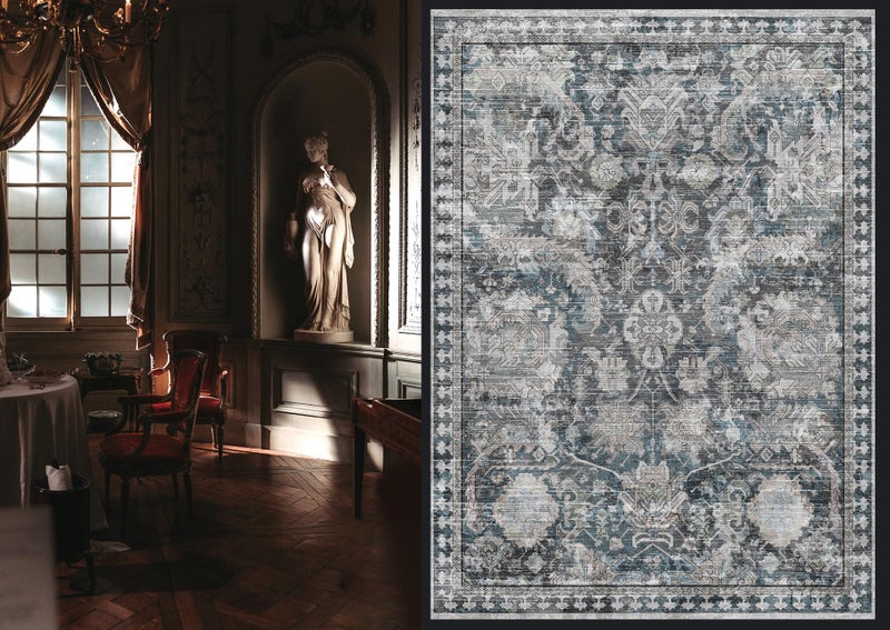 RUGSURE Washable Area Rugs - Perfect for Living Room, Bedroom, Kids Room, Nursery - Stain & Water Resistant Non-Slip, Pet & Child Friendly, Vintage Tribal Area Rugs (Grey and Blue, 5' x 7') - Image 2