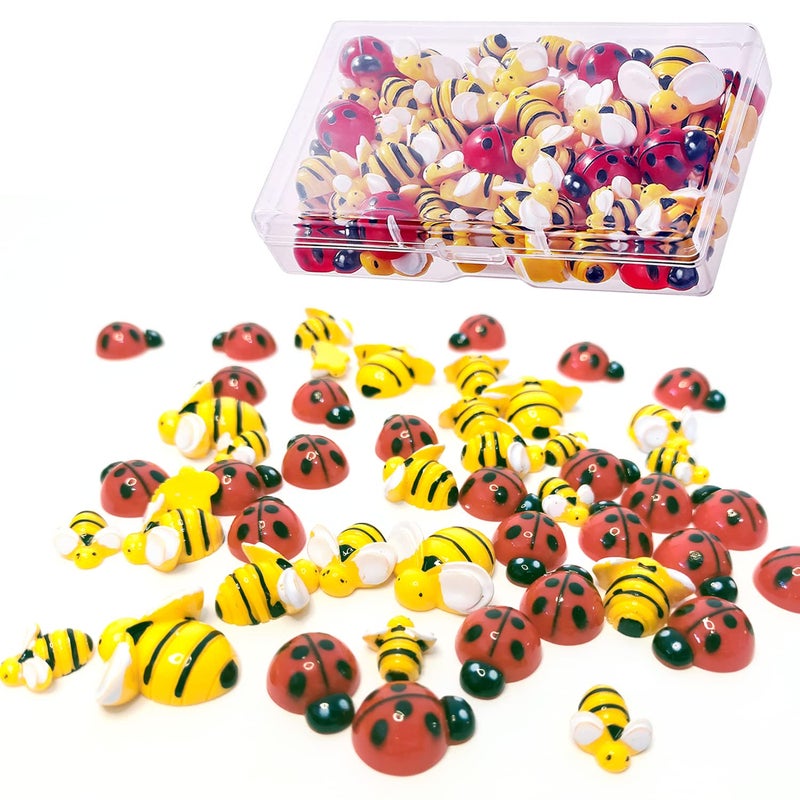 glacely 50 Pcs Tiny Resin Bees LadybugsIncluding 25 Pcs Resin Bee Ornaments 25 Pcs Resin Ladybugs Decors with Storage Box for DIY Crafts Wreath Party Home Decoration 50pcs