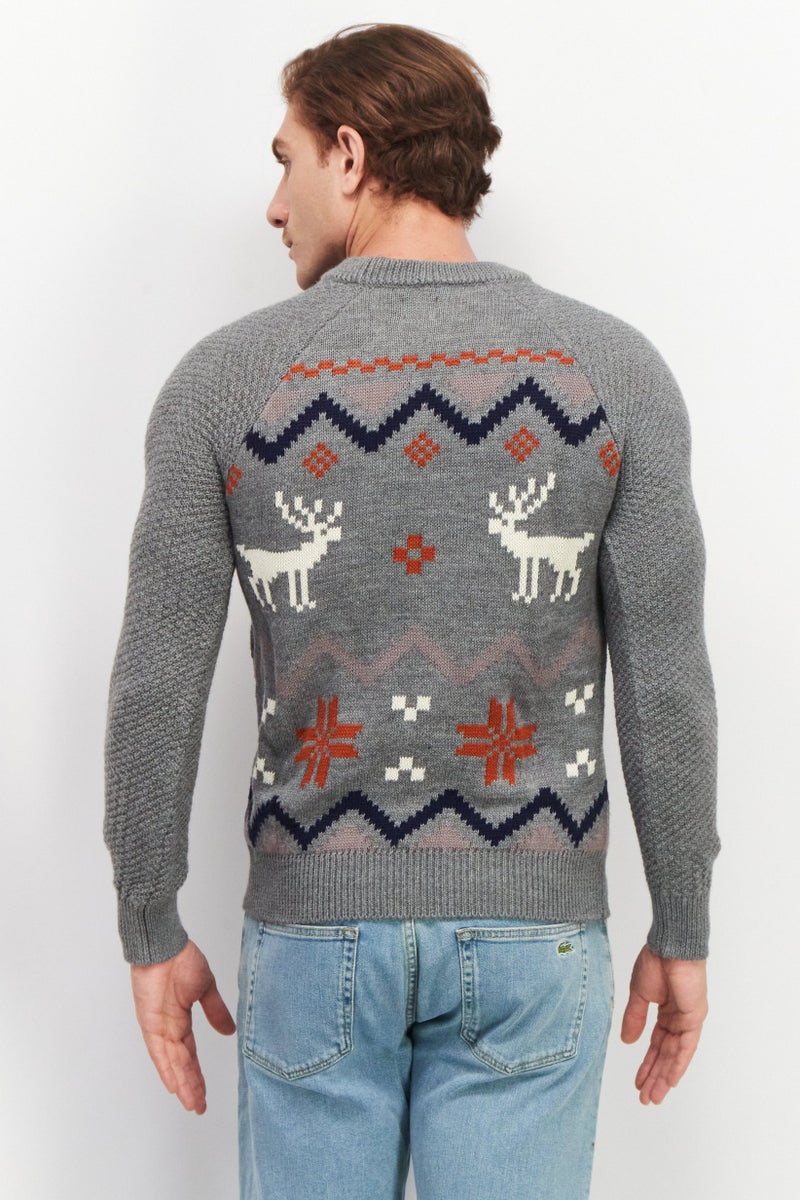 Celio Men Crew Neck Long Sleeve Textured Sweater, Grey Combo - Image 3