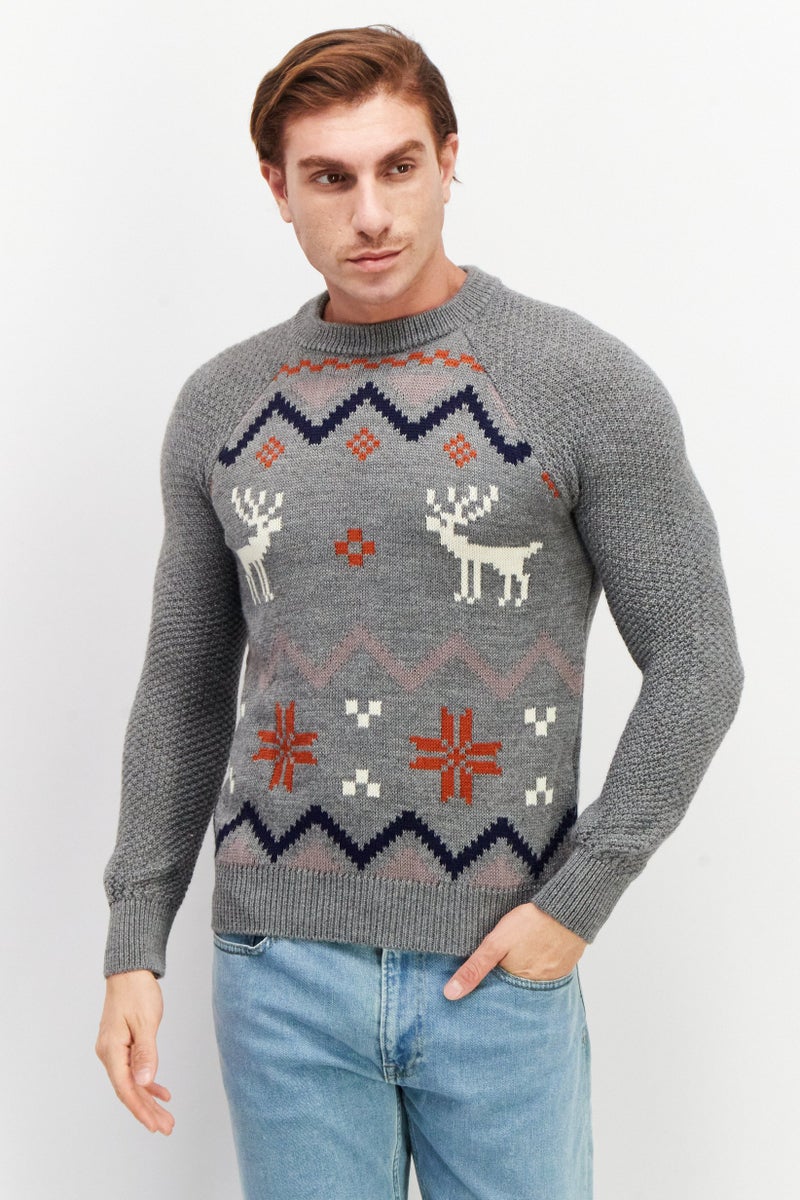 Celio Men Crew Neck Long Sleeve Textured Sweater, Grey Combo - Image 1