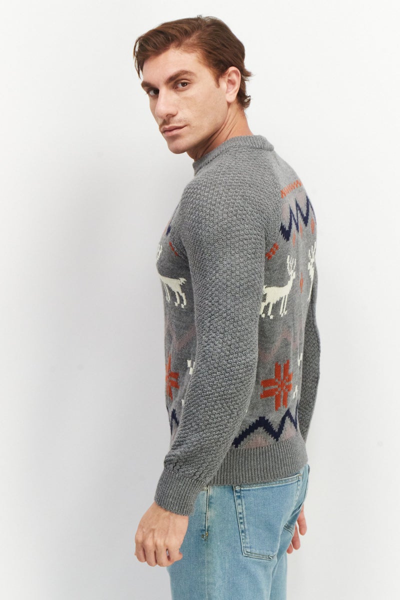 Celio Men Crew Neck Long Sleeve Textured Sweater, Grey Combo - Image 4