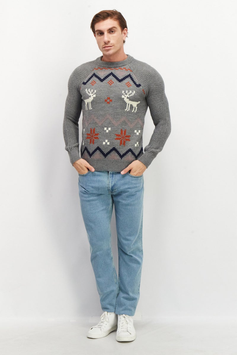 Celio Men Crew Neck Long Sleeve Textured Sweater, Grey Combo - Image 2