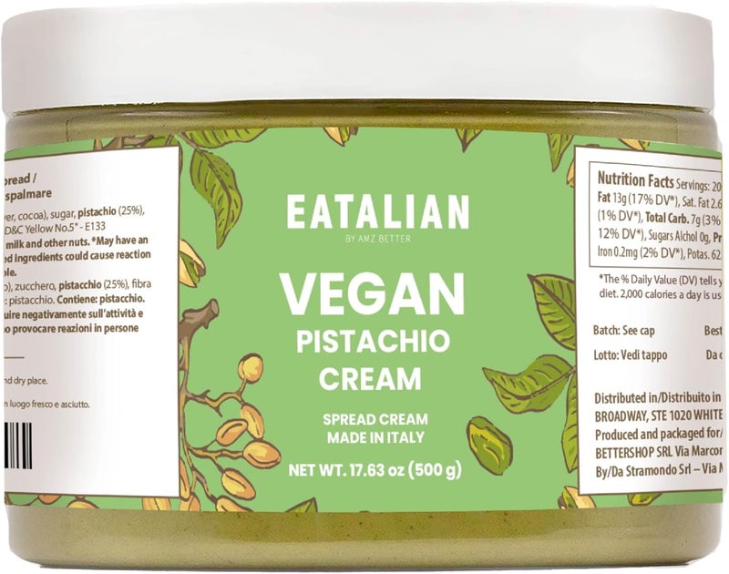 AMZ BETTER EATALIAN by AMZ BETTER Vegan Pistachio Cream, 17.63 oz/ 500 gr, Delicious vegan spread with a uniquely sweet taste, Ideal on bread, Perfect with ice cream, Excellent for Dubai Chocolate, Made in Italy - Image 1