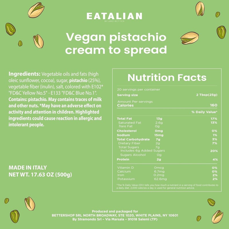 AMZ BETTER EATALIAN by AMZ BETTER Vegan Pistachio Cream, 17.63 oz/ 500 gr, Delicious vegan spread with a uniquely sweet taste, Ideal on bread, Perfect with ice cream, Excellent for Dubai Chocolate, Made in Italy - Image 2
