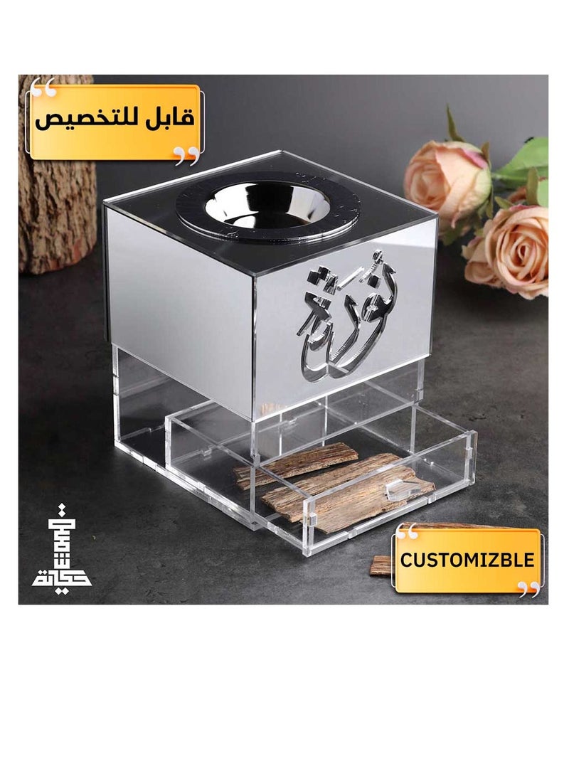 حكاية شمعة مبخره بخور مصنوعه من الاكريليك الفاخر ، مبخرة باسم قابل للتخصيص "باسمك او اسم من تحب "بتصميم مميز وبلون فضي - Image 1