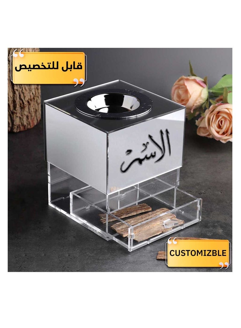 حكاية شمعة مبخره بخور مصنوعه من الاكريليك الفاخر ، مبخرة باسم قابل للتخصيص "باسمك او اسم من تحب "بتصميم مميز وبلون فضي - Image 2