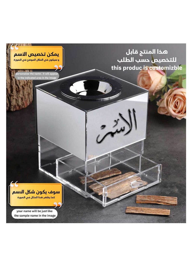 حكاية شمعة مبخره بخور مصنوعه من الاكريليك الفاخر ، مبخرة باسم قابل للتخصيص "باسمك او اسم من تحب "بتصميم مميز وبلون فضي - Image 4