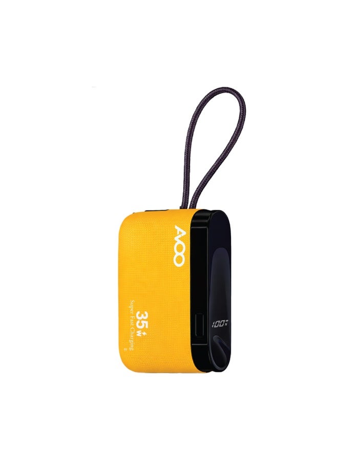 أفو باور بنك شحن متنقل صغير وخفيف 10000mAh شحن سريع 35W PD مع تايب سي مدمج ومنفذين USB ومنفذ Type-C – بطارية متنقلة باللون الأصفر للآيفون وسامسونج وأندرويد – مناسب للآيباد والرحلات - Image 1