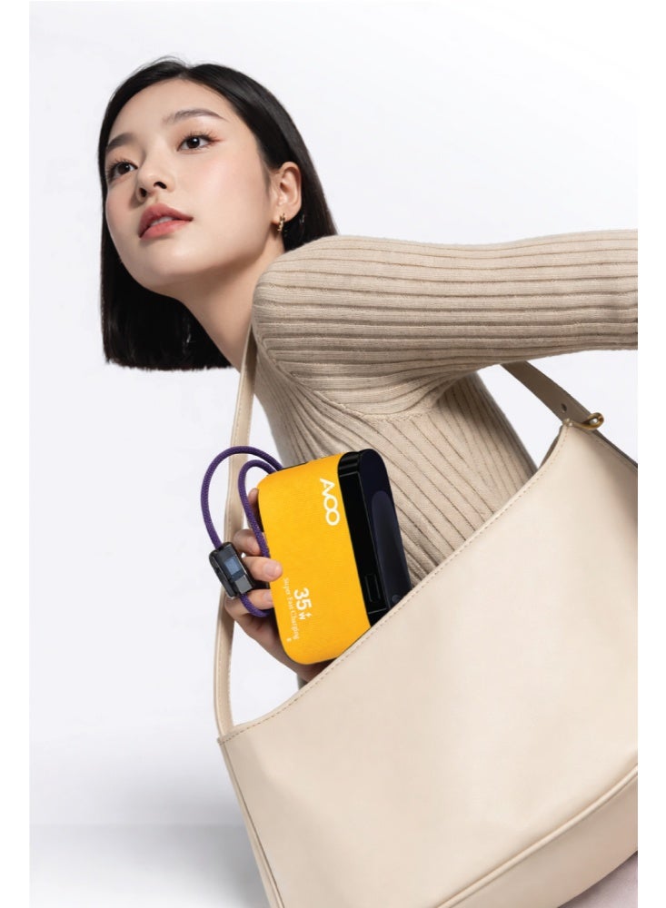 أفو باور بنك شحن متنقل صغير وخفيف 10000mAh شحن سريع 35W PD مع تايب سي مدمج ومنفذين USB ومنفذ Type-C – بطارية متنقلة باللون الأصفر للآيفون وسامسونج وأندرويد – مناسب للآيباد والرحلات - Image 2