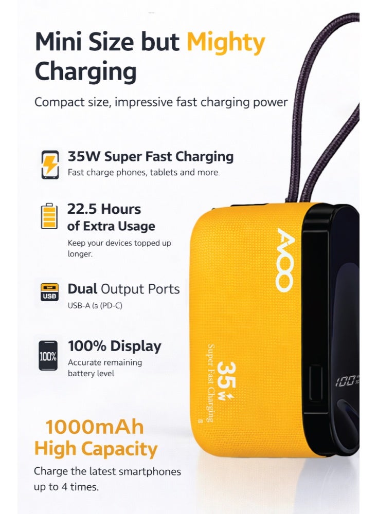 أفو باور بنك شحن متنقل صغير وخفيف 10000mAh شحن سريع 35W PD مع تايب سي مدمج ومنفذين USB ومنفذ Type-C – بطارية متنقلة باللون الأصفر للآيفون وسامسونج وأندرويد – مناسب للآيباد والرحلات - Image 5