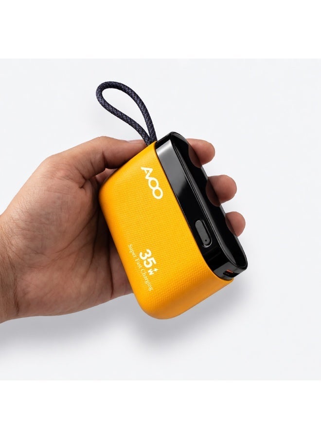 أفو باور بنك شحن متنقل صغير وخفيف 10000mAh شحن سريع 35W PD مع تايب سي مدمج ومنفذين USB ومنفذ Type-C – بطارية متنقلة باللون الأصفر للآيفون وسامسونج وأندرويد – مناسب للآيباد والرحلات - Image 1