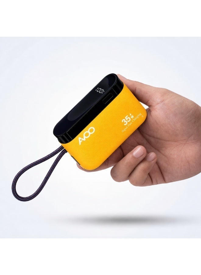 أفو باور بنك شحن متنقل صغير وخفيف 10000mAh شحن سريع 35W PD مع تايب سي مدمج ومنفذين USB ومنفذ Type-C – بطارية متنقلة باللون الأصفر للآيفون وسامسونج وأندرويد – مناسب للآيباد والرحلات - Image 3