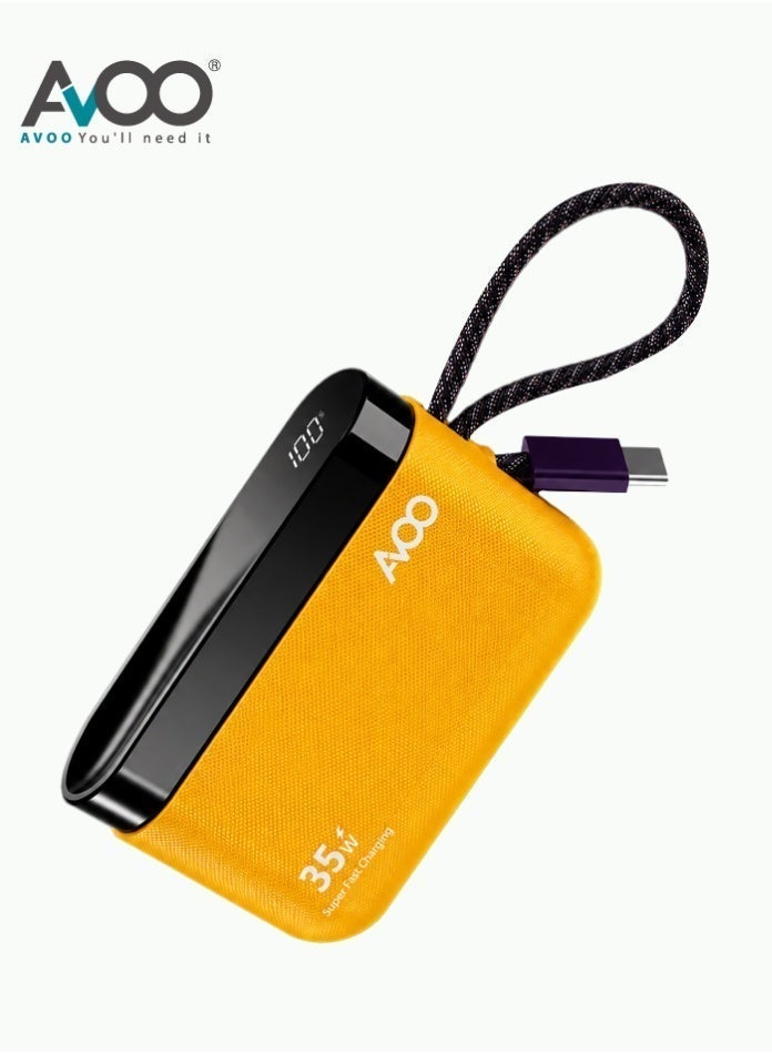 أفو باور بنك شحن متنقل صغير وخفيف 10000mAh شحن سريع 35W PD مع تايب سي مدمج ومنفذين USB ومنفذ Type-C – بطارية متنقلة باللون الأصفر للآيفون وسامسونج وأندرويد – مناسب للآيباد والرحلات - Image 1