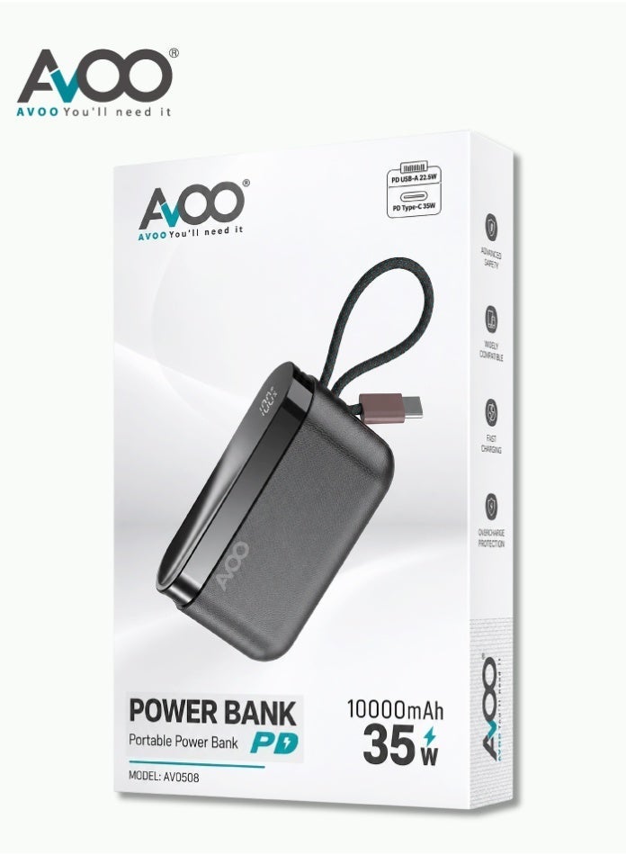 أفو باور بنك شحن متنقل صغير وخفيف 10000mAh شحن سريع 35W PD مع تايب سي مدمج ومنفذين USB ومنفذ Type-C – بطارية متنقلة باللون الأصفر للآيفون وسامسونج وأندرويد – مناسب للآيباد والرحلات - Image 2