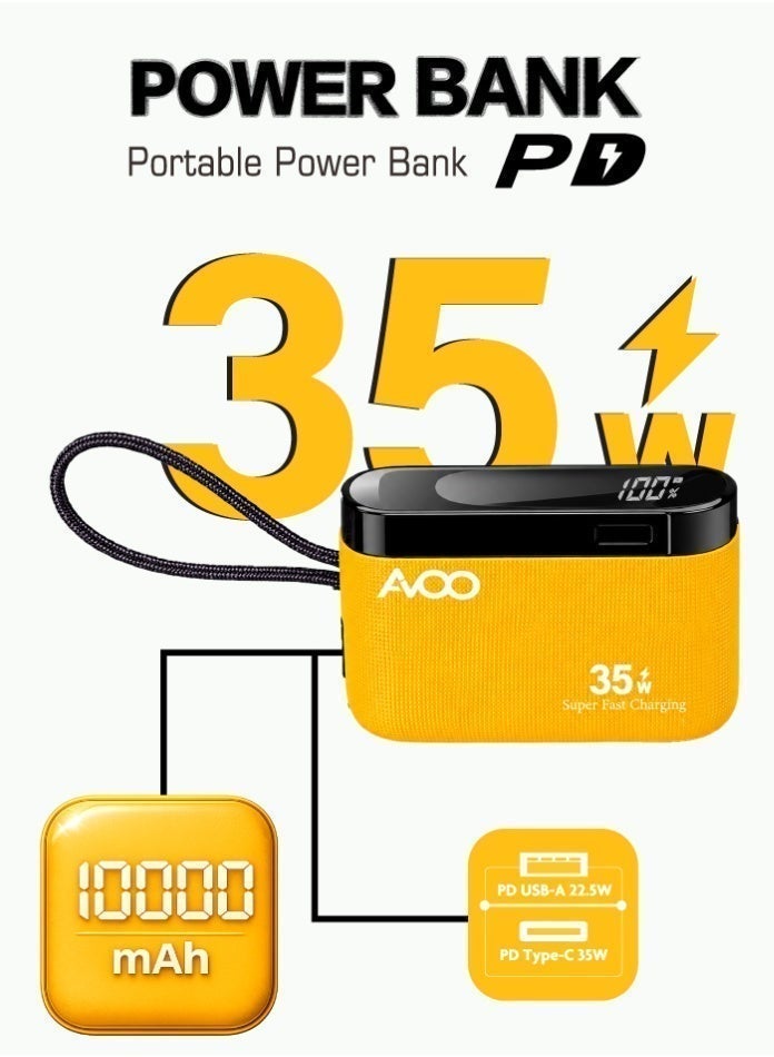 أفو باور بنك شحن متنقل صغير وخفيف 10000mAh شحن سريع 35W PD مع تايب سي مدمج ومنفذين USB ومنفذ Type-C – بطارية متنقلة باللون الأصفر للآيفون وسامسونج وأندرويد – مناسب للآيباد والرحلات - Image 4