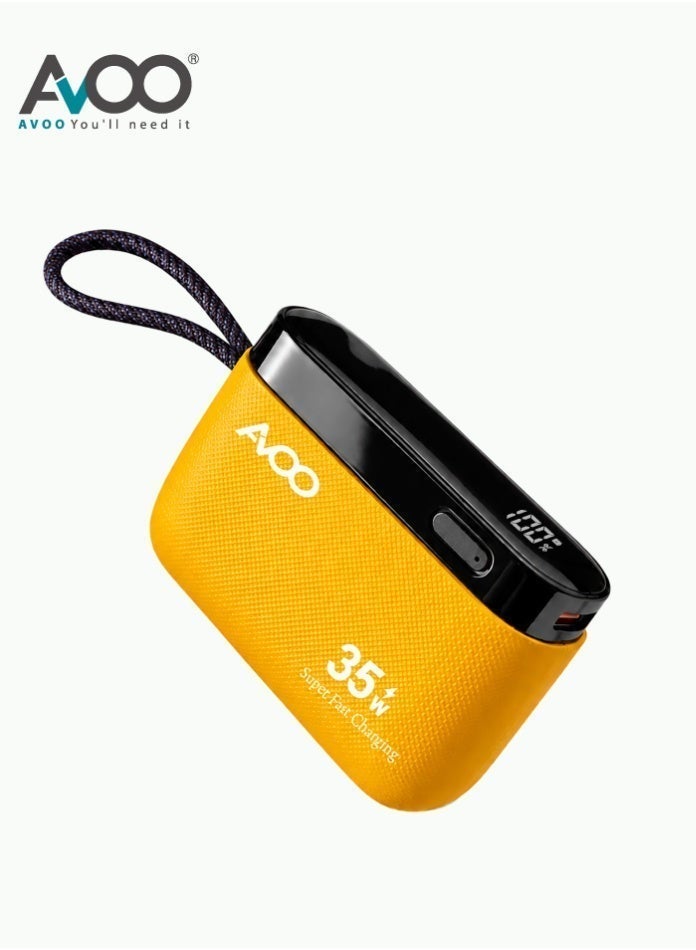 أفو باور بنك شحن متنقل صغير وخفيف 10000mAh شحن سريع 35W PD مع تايب سي مدمج ومنفذين USB ومنفذ Type-C – بطارية متنقلة باللون الأصفر للآيفون وسامسونج وأندرويد – مناسب للآيباد والرحلات - Image 3