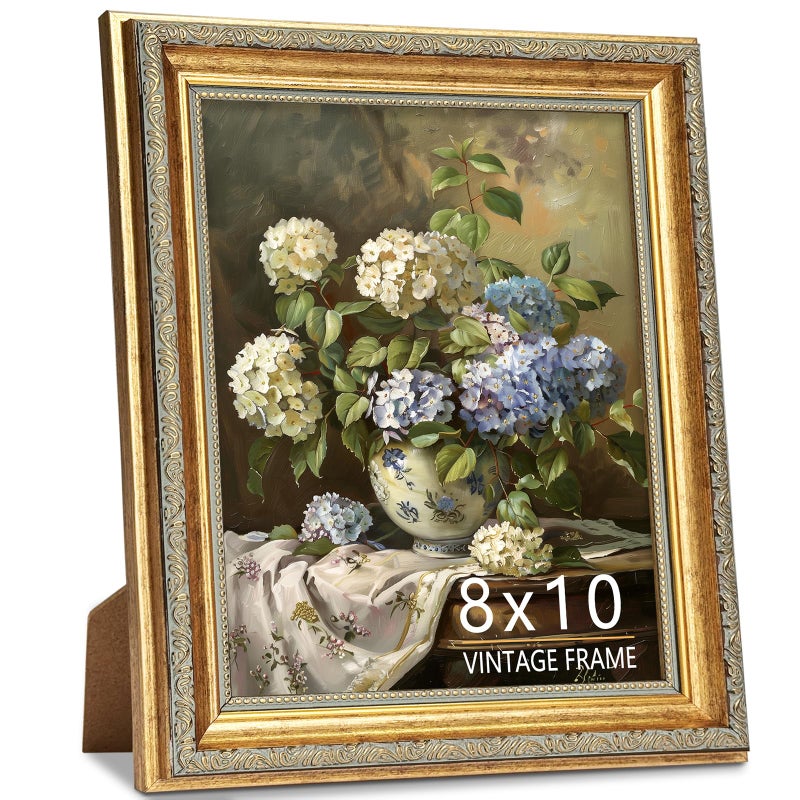 ASTRDECOR 8x10 Picture Frame, Ornate Vintage Gold Photo Frames with HD Glass for Wall Hanging and Tabletop Display, 8 x 10 Antique Photo Frame with Distressed Rust-Like Finish, Retro Home Decor - Image 1