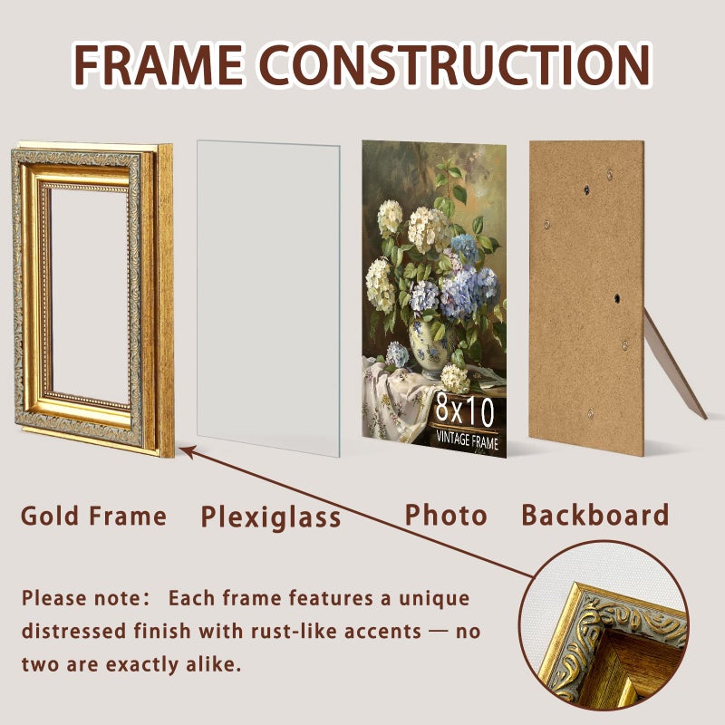 ASTRDECOR 8x10 Picture Frame, Ornate Vintage Gold Photo Frames with HD Glass for Wall Hanging and Tabletop Display, 8 x 10 Antique Photo Frame with Distressed Rust-Like Finish, Retro Home Decor - Image 2