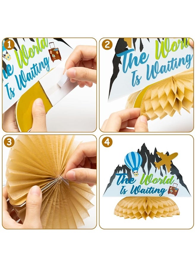 OSNIE 12Pcs Travel Themed Honeycomb Centerpieces Table Toppers Adventure Awaits Party Decor Travel Around The World Bon Voyage Table Decor Photo Props for Let The Adventure Begin Going Away Party - Image 1