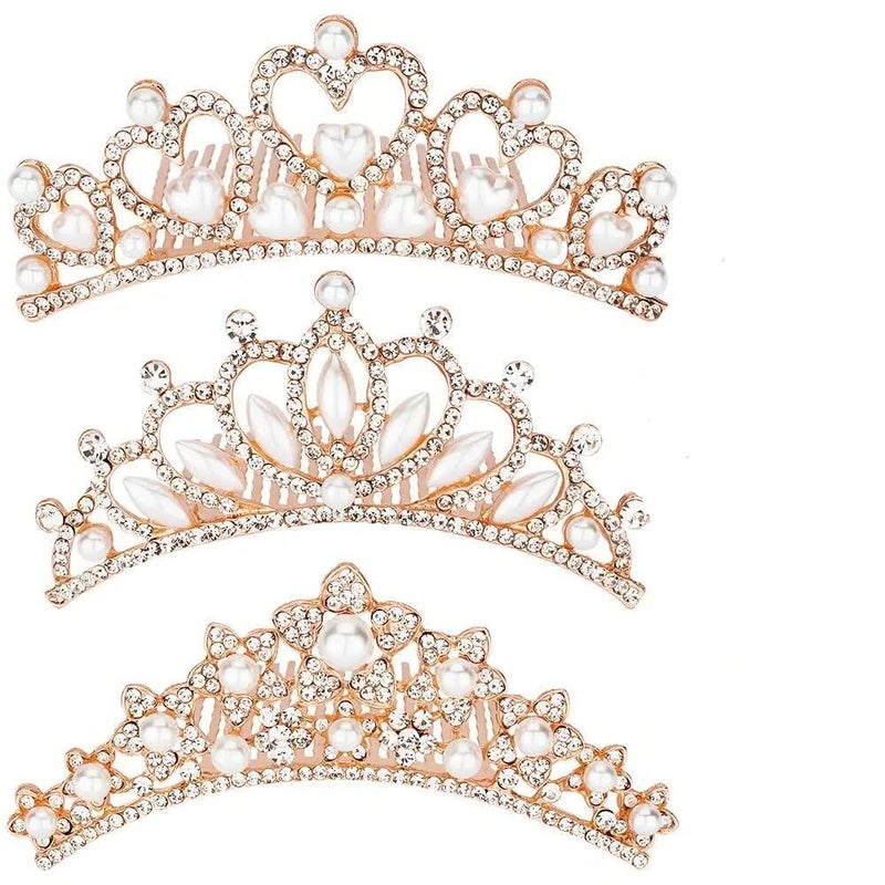 ANBALA Small Tiara Crown with Hair Comb, 3 Pack Mini Tiara Crown Princess Crystal Shiny Hair Accessories Hair Dectoration Styling Cute Hair Accessories (Rose Gold) - Image 1