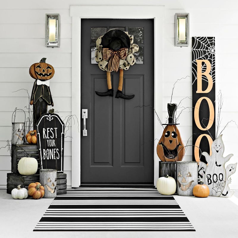 LEEVAN Black and White Striped Outdoor Rug  3x5 Cotton Modern Front Porch Door Mat Hand-Woven Reversible Patio Rug Washable Layered Doorway Carpet for Farmhouse/Kitchen/Living Room - Image 2