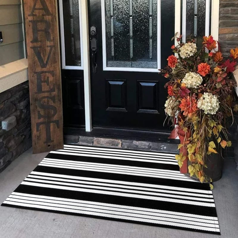 LEEVAN Black and White Striped Outdoor Rug  3x5 Cotton Modern Front Porch Door Mat Hand-Woven Reversible Patio Rug Washable Layered Doorway Carpet for Farmhouse/Kitchen/Living Room - Image 1