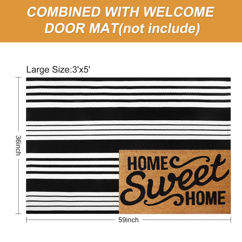 LEEVAN Black and White Striped Outdoor Rug  3x5 Cotton Modern Front Porch Door Mat Hand-Woven Reversible Patio Rug Washable Layered Doorway Carpet for Farmhouse/Kitchen/Living Room - Image 5