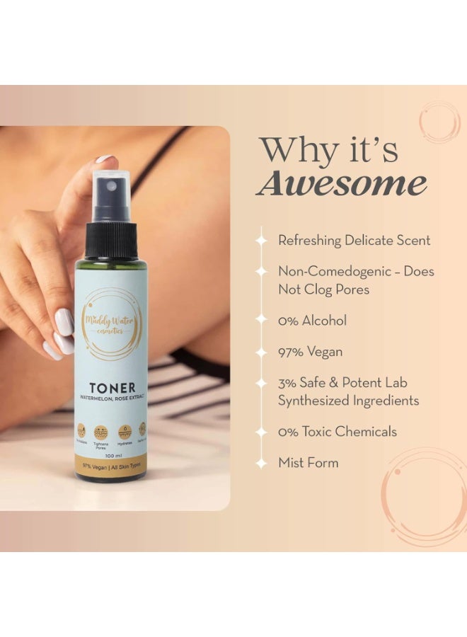 Muddy Water Alcohol Free Face Toner - 100ml | Helps In Tightens Pores, Hydrats Skin & pH Balanced | Enriched with Watermelon & Rose Extract Face Toner for Men & Women | All Skin Types - Image 3