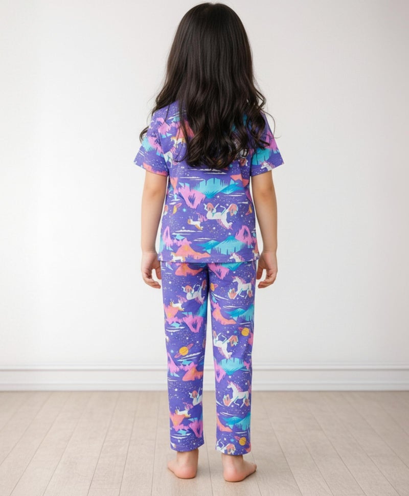 ANTHRILO Summer Unicorn Planet Short Sleeve Pyjama Set - Purple - Image 4