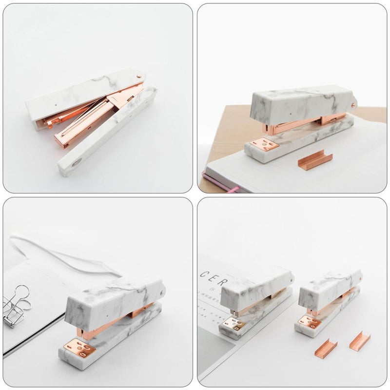 Marble Pattern Handheld Stapler With 12 Staples Rose Gold Office Desktop Stapling Machine For School Home - Image 4