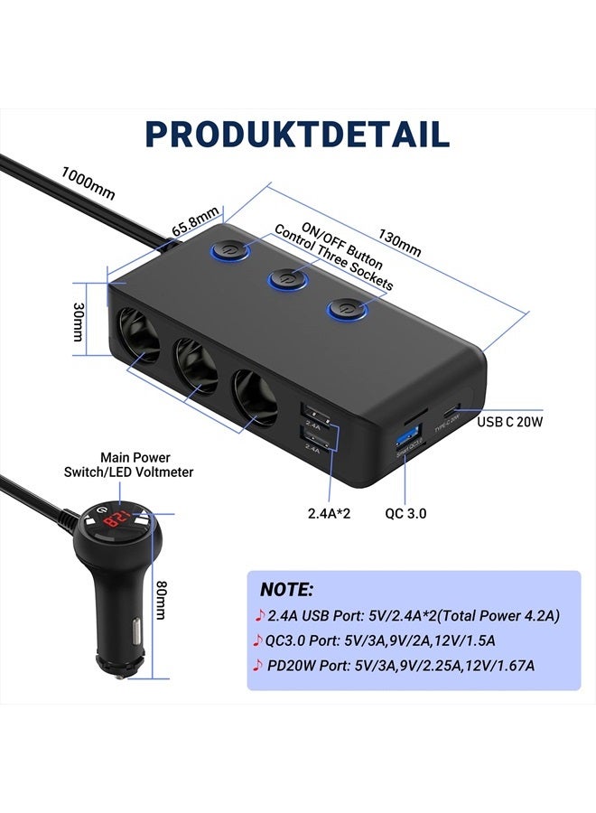 Qidoe Car Charger Splitter 200W, Qidoe 3 Socket Cigarette Lighter Adapter with PD20W USB-C & QC3.0 Multi USB Car Charger 12V/24V DC Outlet Cigarette Splitter Power Switches Voltmeter for GPS Dash Cam Phone - Image 2