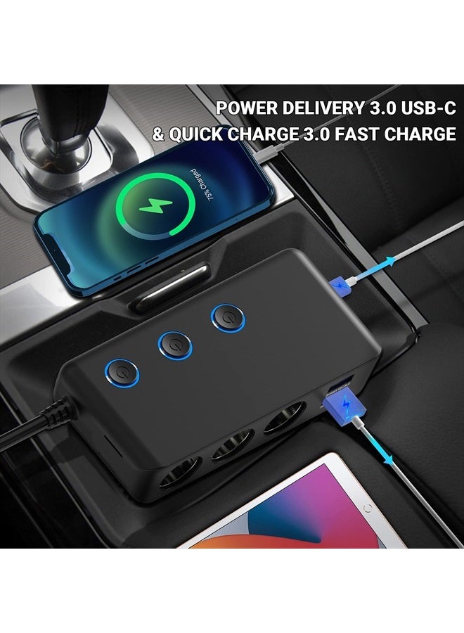 Qidoe Car Charger Splitter 200W, Qidoe 3 Socket Cigarette Lighter Adapter with PD20W USB-C & QC3.0 Multi USB Car Charger 12V/24V DC Outlet Cigarette Splitter Power Switches Voltmeter for GPS Dash Cam Phone - Image 5