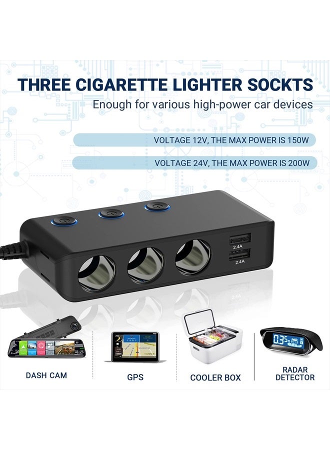 Qidoe Car Charger Splitter 200W, Qidoe 3 Socket Cigarette Lighter Adapter with PD20W USB-C & QC3.0 Multi USB Car Charger 12V/24V DC Outlet Cigarette Splitter Power Switches Voltmeter for GPS Dash Cam Phone - Image 3
