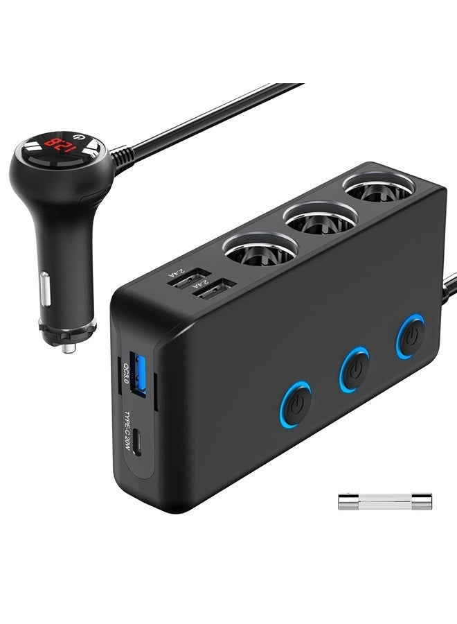 Qidoe Car Charger Splitter 200W, Qidoe 3 Socket Cigarette Lighter Adapter with PD20W USB-C & QC3.0 Multi USB Car Charger 12V/24V DC Outlet Cigarette Splitter Power Switches Voltmeter for GPS Dash Cam Phone - Image 1